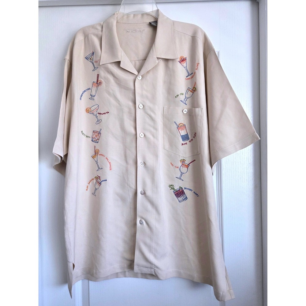 VTG Tori Richard Silk Cocktail Embroidery Aloha Shirt Cream Short Sleeve Sz XL‎